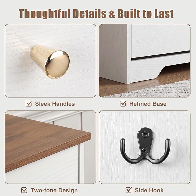 Nicetree Shoe Cabinet, 2 Flip Drawers Slim White Walnut Top Entry Storage