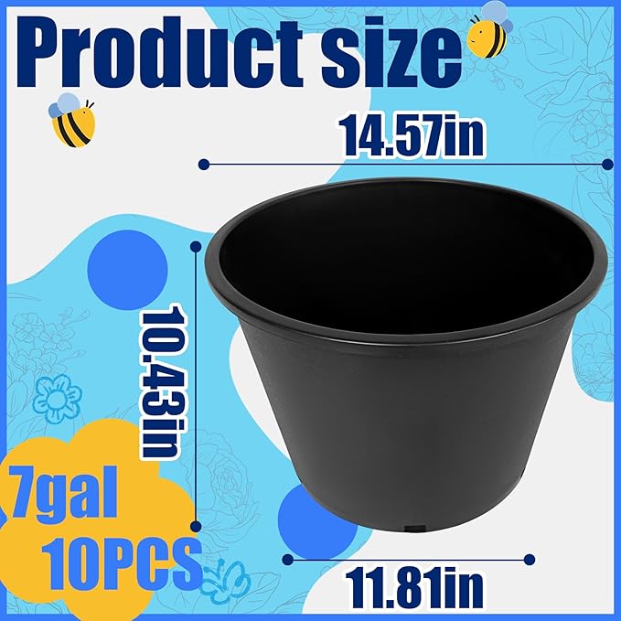 10Pcs 7 Gallon 14 inch Plant Nursery Pot Flower Seedling Injection Molded Container Plastic Garden Planter Pots with Drainage Holes Suitable for Vegetables Flowers Plants Black
