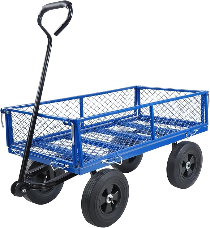 Heavy Duty 480 Lbs Capacity Mesh Steel Garden Cart Folding Utility Wagon with Removable Sides, Solid Wheels Tools Cart Wagon Cart, Easier to Transport Firewood (Blue)
