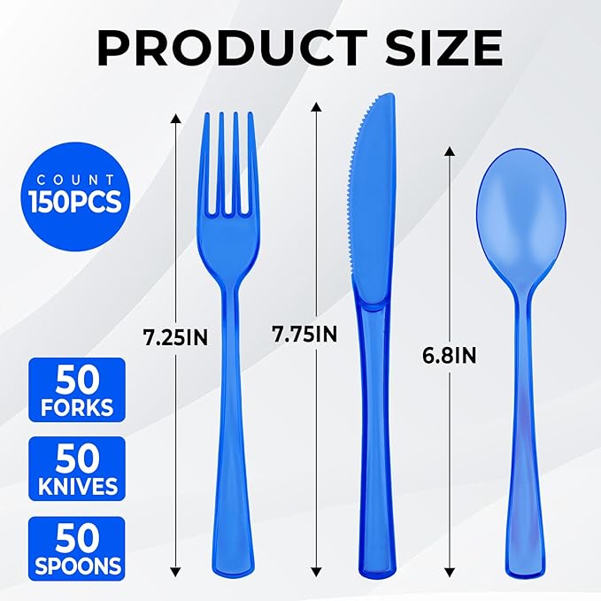 150 PCS Plastic Silverware Disposable Silverware Heavy Duty Utensil Sets 50 Of Each Forks Knives & Spoons Disposable Cutlery Set For Easter,Birthday,Baby Shower,Garden Party,Wedding(150,Blue)
