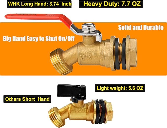 WHK Rain Barrel Spigot Kit-Water Bucket Spigot Faucets-Water Spicket Water Spout Spigot for 5/50/55 Gallon Bucket for Rain Barrel Water Container WaterTank,1/4 Turn with Long Handle(Brass)