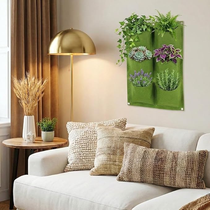 WFIST Vertical Hanging Planter Bag, Breathable Felt Wall Garden Planter with Metal Grommets, Indoor/Outdoor Space-Saving Herb & Flower Growing Pouch (6-Pocket)