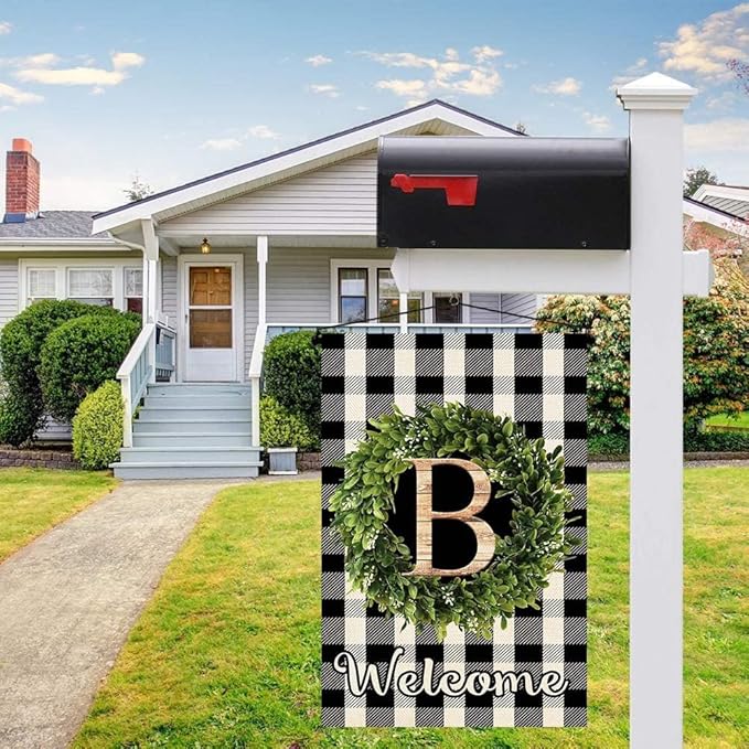 Baccessor Monogram Letter B Garden Flag 12.5 x 18 Inch, Buffalo Plaid Family Last Name Initial Boxwood Wreath Welcome Vertical Double Sided Small Flags for Outdoor Outside Decoration