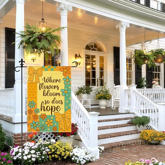 Where Flowers Bloom So Does Hope Garden Flag, 12 x 18 Inch Double Sided Inspirational Floral Yard Flag Mother’s Day Gifts for Mom Grandma Garden Lover, Spring Summer Outdoor Lawn Porch Decor