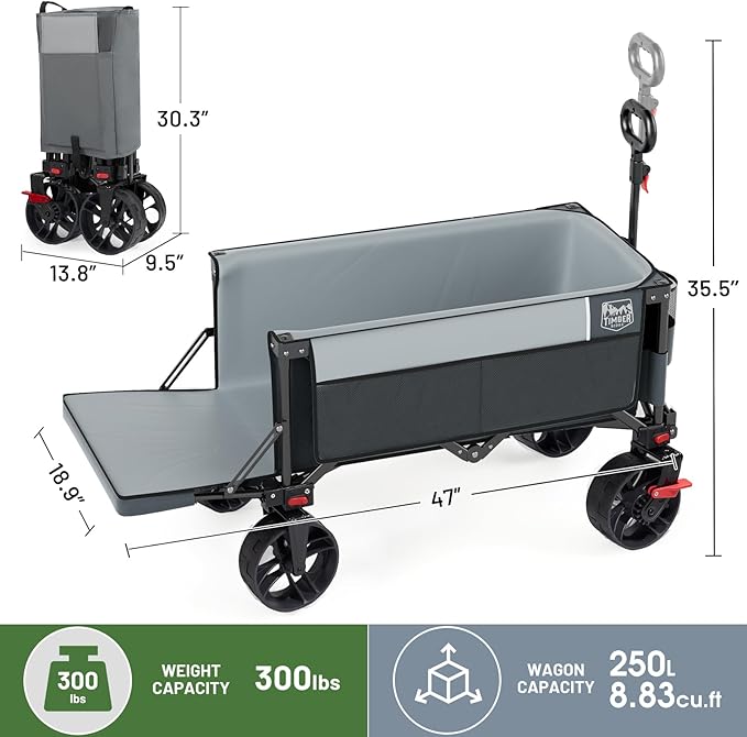 Timber Ridge 47" L Collapsible Folding Wagon with Tailgate, 300 lbs Heavy Duty Beach Wagon with All-Terrain Big Wheels, 250L Foldable Utility Cart for Sand Camping Sports Shopping, Grey