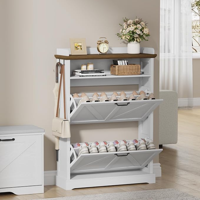 Farmhouse Shoe Cabinet with 2 Flip Drawers & Open Storage, 31.5" W White