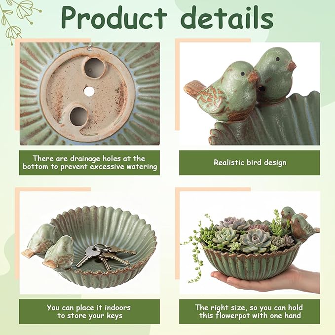 2 Pack 6.3 Inch Birds Special Design Fun Garden Flower Ceramic Planter Birds Feeder Succulent Pot Flowerpot or Feeder Bird Food Holder for Garden Outside Decor for Outdoor Gifts