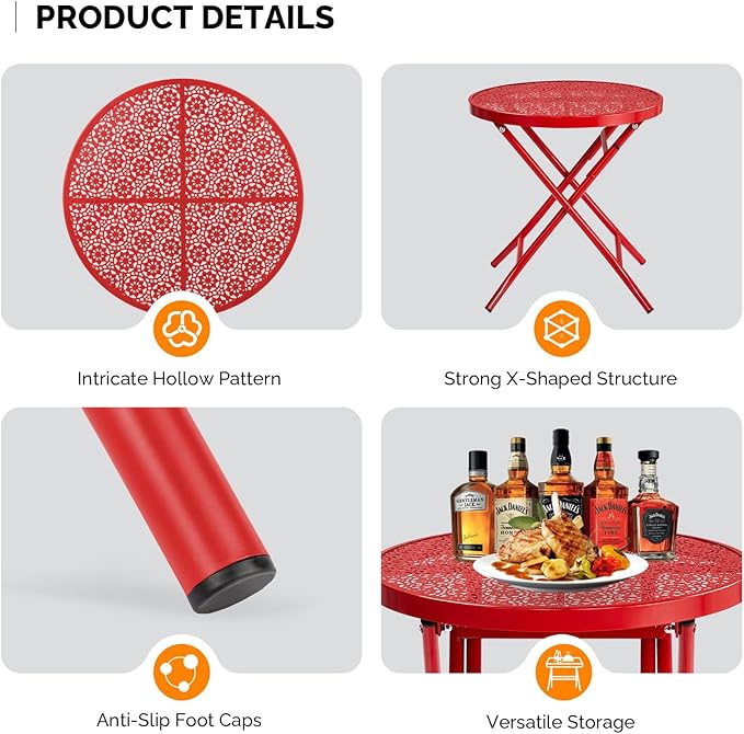 VINGLI Outdoor Folding Side Table with Chic Hollow Pattern and Durable, Rust-Resistant Coated Iron Patio Bistro Table Suitable for Indoor & Outdoor Porch, Deck, Balcony and Pool,Red