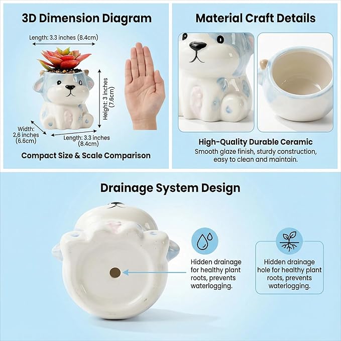 Cute Animal Ceramic Succulent Planters, Small Bonsai Planter, Aloe Cactus Succulent Plant Pots with Drainage Indoor Outdoor Use for Office Home Garden Decoration, Plants Not Included (Cow)