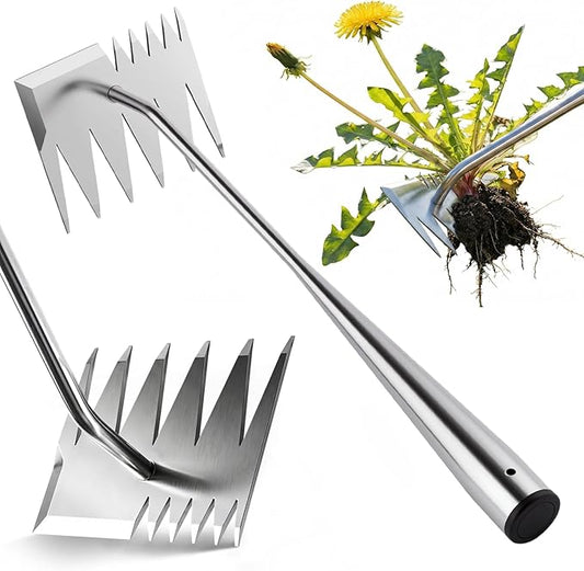 LOOHOI Upgraded Weed Puller Tool, 4-Tooth Stainless Steel Manual Weeder, Garden Weed Remover Tool for Vegetable Gardening Backyard Farm Planting & Weeding