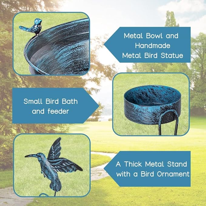VEWOGARDEN Large Metal Bird Bath for Outside Garden Standing Birdbath with Folding Bracket for Outdoors Yard Patio Decoration, Blue