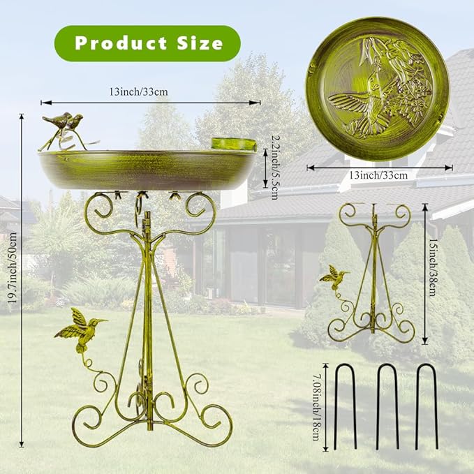 VEWOGARDEN Metal Bird Bath for Outside Garden Vintage Standing Birdbath with Folding Bracket for Yard Patio Lawn Decor, Green
