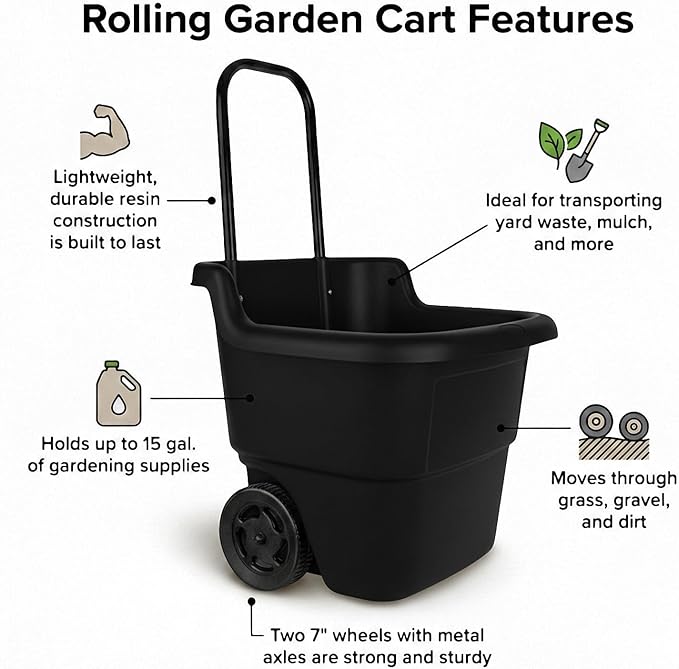 15-Gallon Rolling Garden Cart & Utility Wagon – Lightweight Resin Yard Waste Bin with Telescoping Handle & 7-Inch Wheels – Portable Outdoor Organizer for Lawn, Mulch, Firewood (Black)