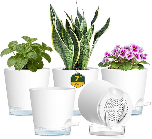 Meowell 7 inch Self Watering Pots for Indoor Plants, 5 Pack Plant Pots with Drainage Holes & Clear Reservoir for Visible Water Level, Plastic Wicking Planter Pots for House Plants and Flower, White