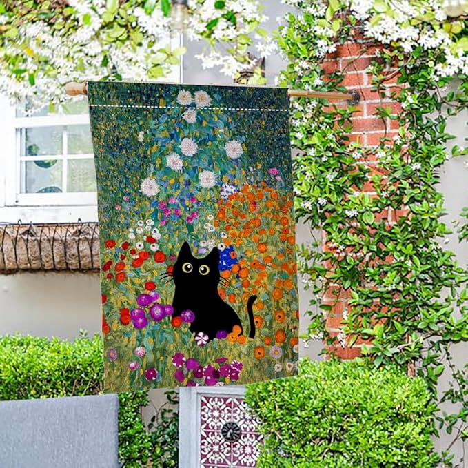 BLKWHT Spring Cat House Flag 28 x 40 Vertical Double Sided Colorful Floral Farmhouse Holiday Outside Decorations Burlap Yard Flag BW571-40