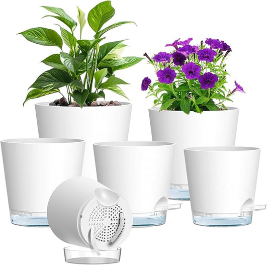 Meowell Self Watering Pots Pack of 6 – Different Size 4" to 7" Indoor Plant Pots with Drainage Holes and Clear Reservoir for Visible Water Level, Plastic Wicking Planters for House Plants, White