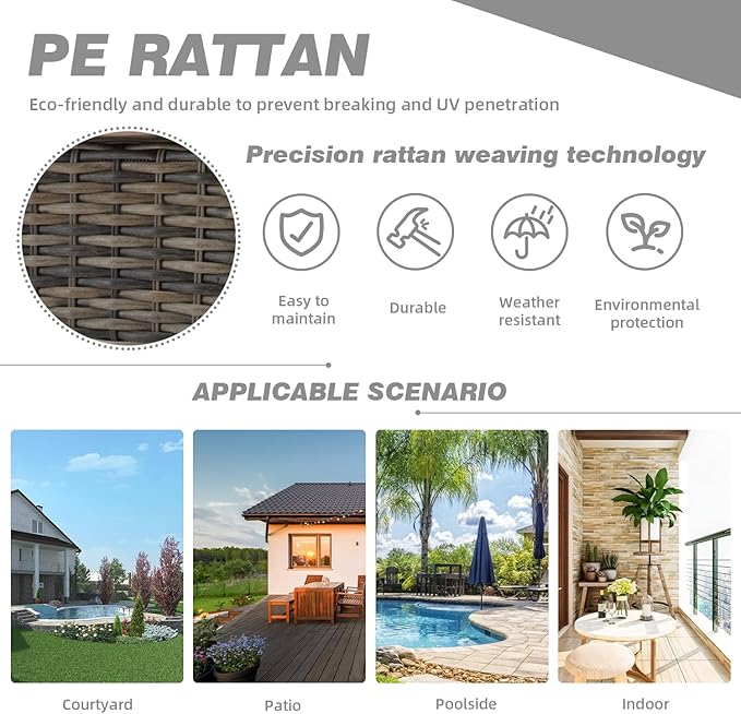MELLCOM 5 Pieces Patio Furniture Set, Outdoor Swivel Rocker Patio Chairs with Ottomans, Wicker Conversation Set with Rocking Chair, Thickened Cushions, Glass Coffee Table for Backyard, Grey