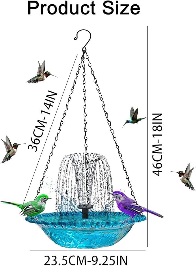 2026 New Solar Cascade Hanging Bird Bath Fountain, Metal Solar Powered Birdbath with Water Pump for Outdoor Garden Decor, Humming Birds Baths Fountains (Blue)