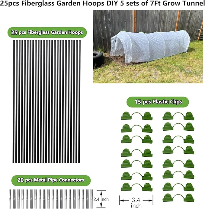 Greenhouse Hoops Grow Tunnel, 5 Sets of 7FT Garden Hoops for Raised Beds, Rust-Proof Fiberglass Frame for Garden Netting, Greenhouse Kit, Plant Shade Cloth, Plant Row Cover, 25 pcs