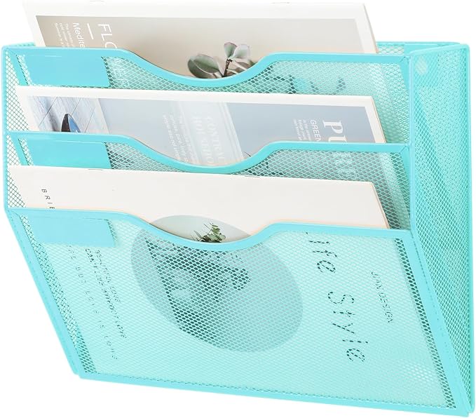 EASEPRES 3 Pocket Mesh Hanging Wall File Organizer, Wall Mounted Mail Paper Document Folder Holder, Clipboard Storage Organization Magazine Rack with Nametag Label for Office Home School, Blue