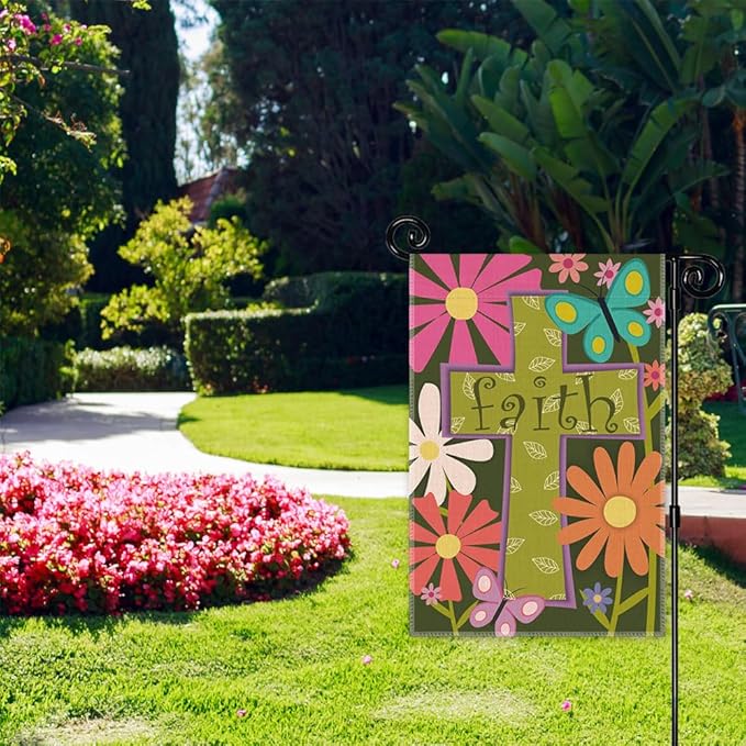 Faith Garden Flag, Spring Summer Cross Christian Garden Flag for Outside, Double Sided Bible Verse Easter Farmhouse Lawn Porch Yard Sign, Easter Floral Religious Church Catholic Decor Banner