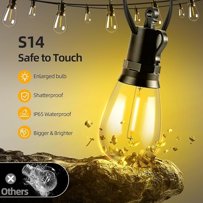 Solar Lights Outdoor Patio Lights: S14 30M 100FT Solar Powered Remote Control 3 Light Modes Dimmable Solar Waterproof Light - Shatterproof Bulbs - Camping Backyard Garden Deck Outside Yard