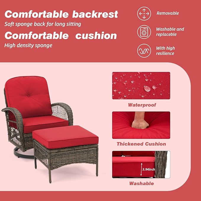 MELLCOM 5 Pieces Patio Furniture Set, Wicker Outdoor Furniture with Ottomans, Rocking Chairs and Glass Coffee Table, Outdoor Swivel Rocker Patio Chairs for Porch, Wine Red