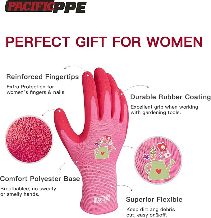 PACIFIC PPE 6 Pairs Gardening Gloves for women, Rubber Coated Garden Gloves, Ladies Yard Work Gloves, Breathable, Purple & Yellow & Red, Small