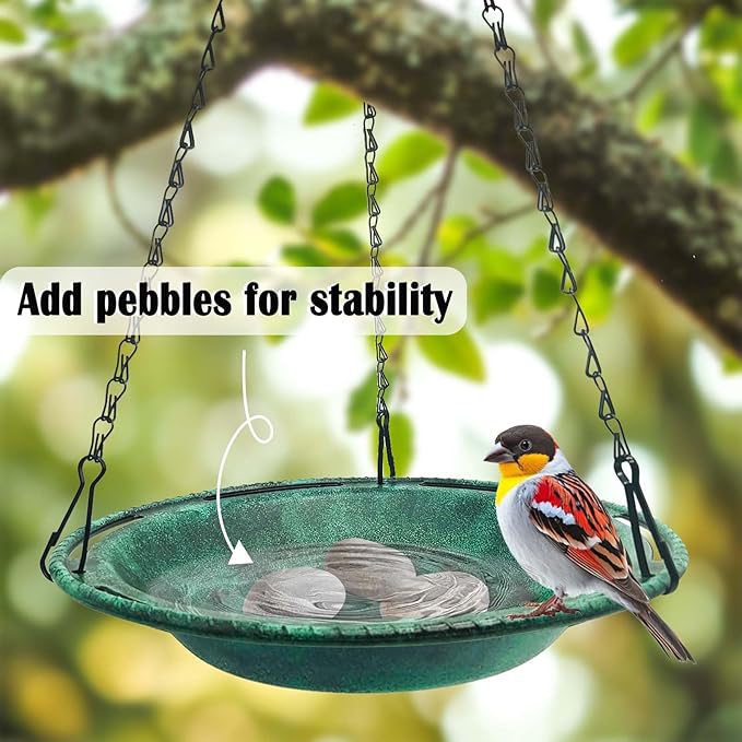 Hanging Bird Bath & Feeder Bowl, 12 in Outdoor Bird Bath with Chains, Backyard Garden Decor, Durable Weather-Resistant PP, Antique Green – 1 Pack