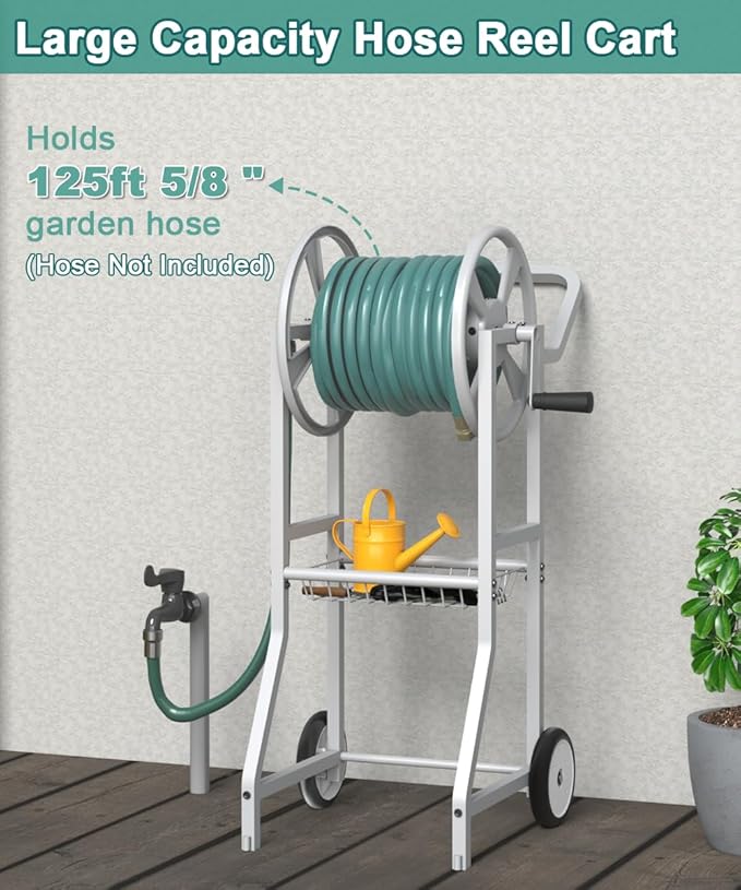 Artigarden Garden Hoses Reel Cart with Wheels, Outdoor Heavy Duty Powder Coated Steel Water Winder Storage Holds 125 ft 5/8" Hose with 3.9ft Leader Hose and Basket for Backyard, Yard, Lawn, White
