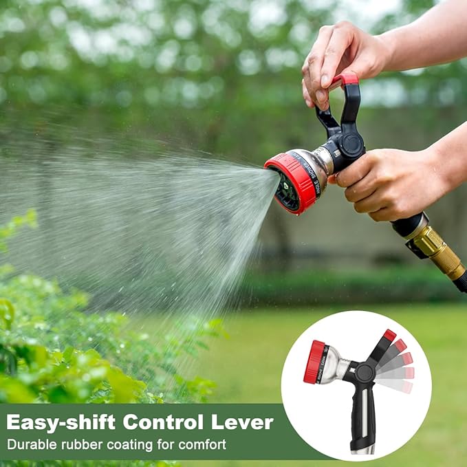 FANHAO Fireman Style Garden Hose Nozzle, Heavy Duty All-Metal Fire Water Nozzle with 9 Spray Patterns, High Power Hose Sprayer Nozzle with Lever Control for Car Washing, Garden & Pets Showering