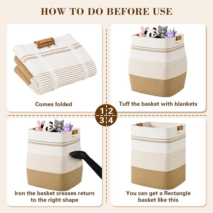 Laundry Hamper, 105L Tall Laundry Basket with Leather Handles, Rectangle Large Clothes Hamper for Organizing, Cotton Woven Laundry Baskets Storage Hampers for Bedroom, Nursery, Living Room