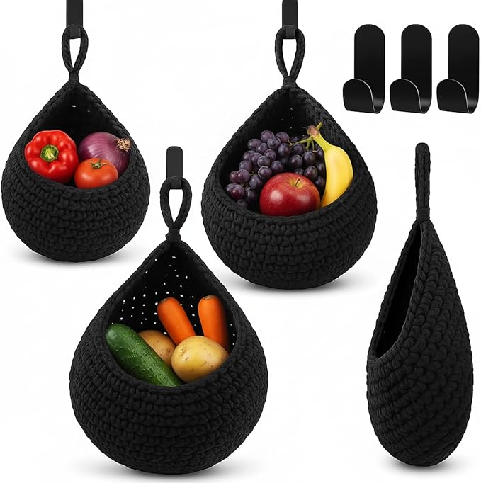 Honeydak 3 Hanging Baskets, Black, Teardrop, Cotton Rope | Wicker Wall Baskets with Hooks for Fruit Vegetable Onion Storage, Teardrop Organizer for Kitchen, Boho Farmhouse Decor