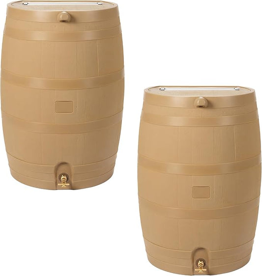 RTS Home Accents 50-Gallon Rain Barrel, Flat Back Rain Water Collection Barrel, Link Kit Included, Oak Color (2 Pack)