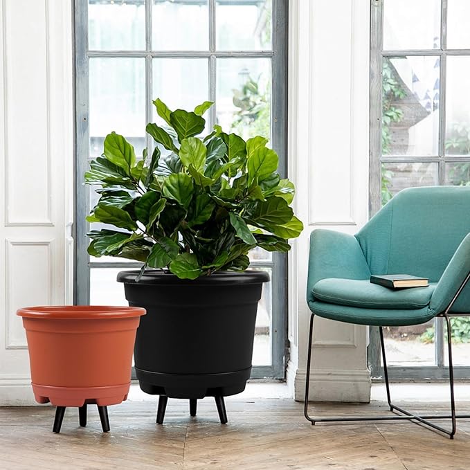 KPUVX 5 Pack 10.5 inch Plant Pots,Planter-Pots-for-Plants-Indoor-Outdoor，Plastic Flower Pot for Indoor Outdoor Plants with Drainage Holes & Trays, Decorative Garden Containers Sets for Houseplants