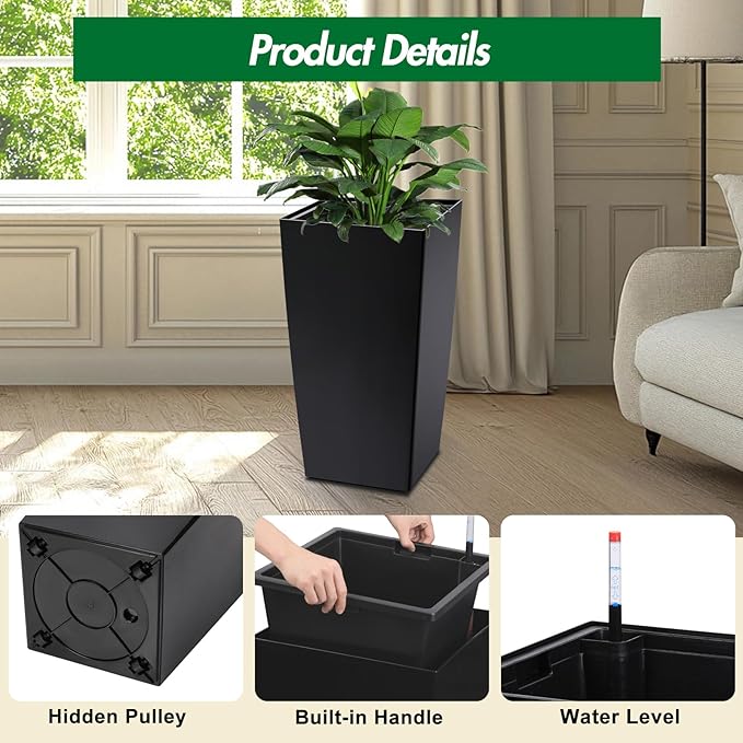 30 Inch Tall Self Watering Planters for Patio, Set of 2 Large Square PP Plastic Planters with Water Reservoir, Modern Floor Standing Self-Watering Pots for Indoor Outdoor Home Garden Decor, Black