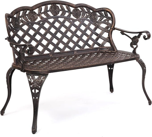 VINGLI 42.5" Patio Garden Bench Outdoor Metal Rose Loveseat, Cast Iron Cast Aluminium Frame Antique Finish Park Chair, Accommodates 2-3 People