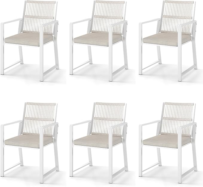 Outdoor Patio Wicker Rattan Dining Chairs, Heavy-Duty Wrought Iron Frame Supports 300lbs, Ergonomic Backrest, Detachable Breathable Cushion, for Garden & Porch, White, Set of 6