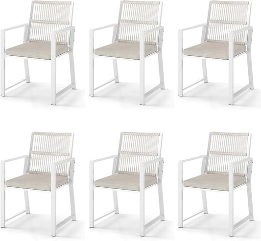 Outdoor Patio Wicker Rattan Dining Chairs, Heavy-Duty Wrought Iron Frame Supports 300lbs, Ergonomic Backrest, Detachable Breathable Cushion, for Garden & Porch, White, Set of 6