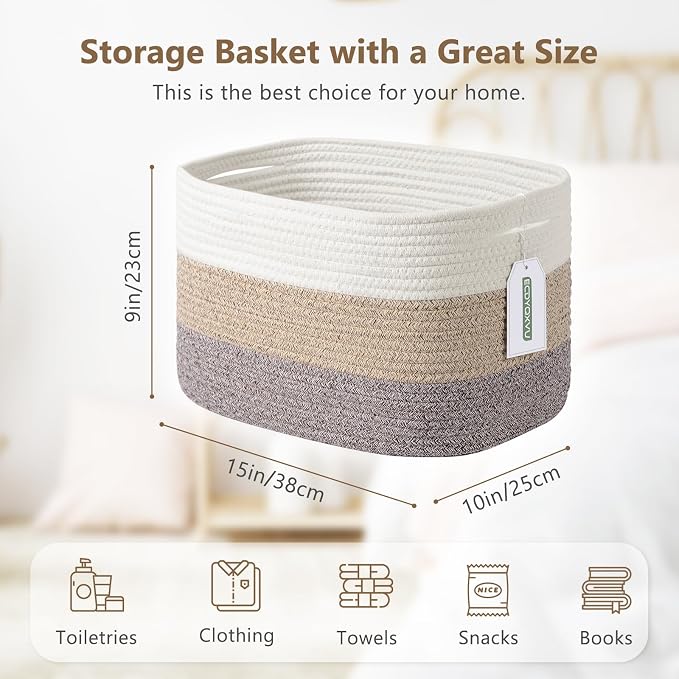 ECDYQXVU 15x10x9 Inch Woven Cotton Rope Storage Basket, 2 Pack | Foldable Design, Built-in Handles, Space-saving Organizer for Living Room, Bedroom, Laundry, Shelves, Clothes, Towels