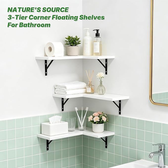 NATURE'S SOURCE Corner Floating Shelves Wall Mounted, White, Set of 3