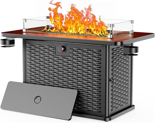 AMADA HOMEFURNISHING 43 Inch Propane Fire Pit Table, 60,000 BTU Gas Fire Pit with Premium Glass Rocks, Wind Guard Glass Shield, Waterproof Cover, Cup Holders, Fire Table for Patio and Garden