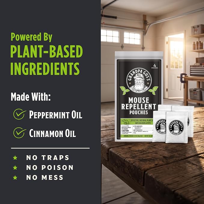 Grandpa Gus's Mouse Repellent Pouches, Natural Peppermint Oil, 4 Pouches | Cinnamon & Peppermint Oil Helps Repel Mice from Nesting in Home/Cabin/Boat/Car Storage/RV/Machinery/Shed, Kid & Pet Safe