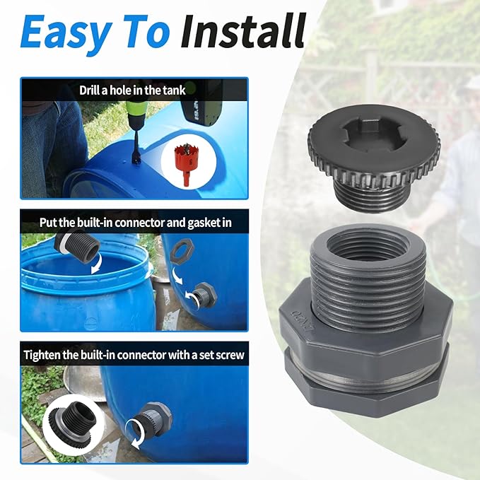 Rain Barrel Spigot Connector fit for Water Barrel 3/4" Bulkhead Fitting, 4 PCS Rain Garden Water Tank Hose Adapter Kit with Rain Barrel Overflow Spigot Plug and Hole Saw Tool (25mm ID Bulkhead)
