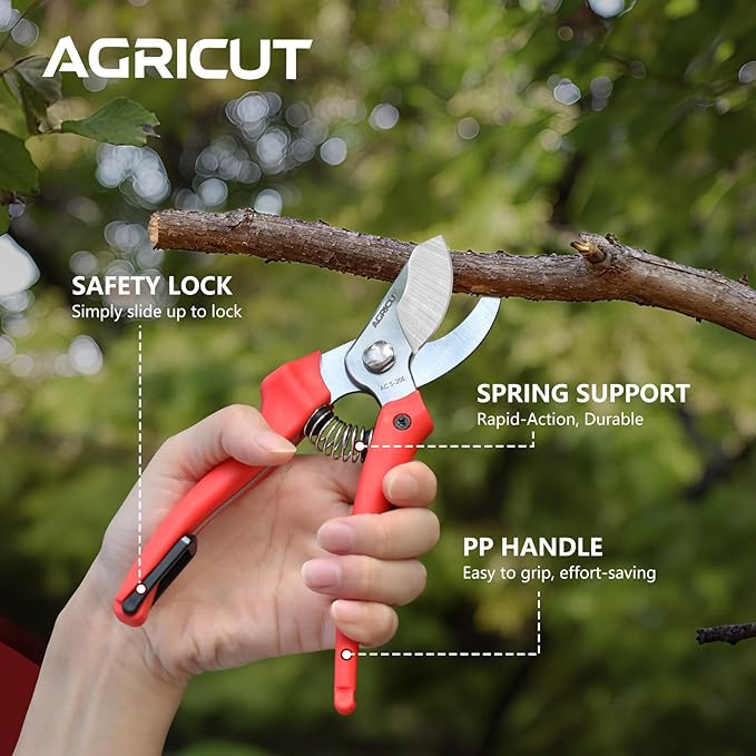 AGRICUT Pruning Shears, 7/8-Inch Cut Capacity Hand Clippers, Bypass Pruners, Gardening Scissors with Sharp Steel Blade (PP Handle, High Carbon Steel)