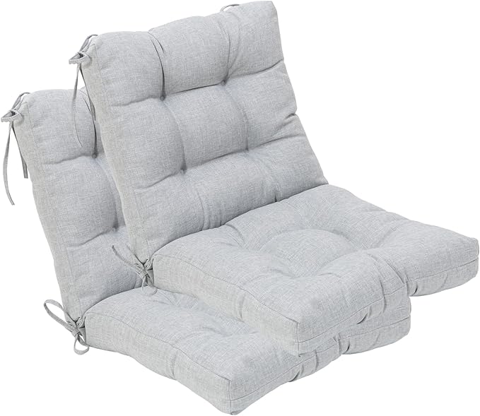 QILLOWAY Outdoor Chair Cushion for Patio Furniture, Waterproof Patio Cushions Set of 2 with Ties, Fade Resistant Replacement Pads for Outdoor Rocking Chairs,Silver,Grey