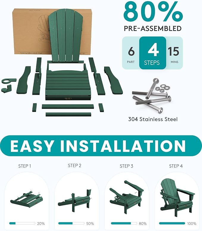 SERWALL Foldable Adirondack Chair Set of 4, Weather Resistant HIPS Patio Chairs with Cup Holder for Garden Outdoors Fire Pit Chairs-Green