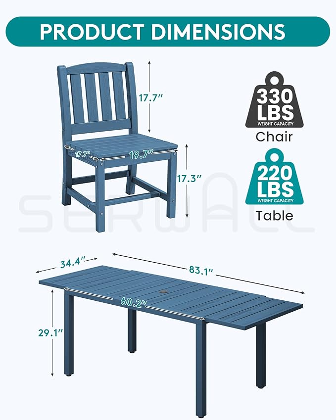 SERWALL Outdoor Dining Chairs Set of 2, All-Weather HDPE Patio Armless Chairs, Blue