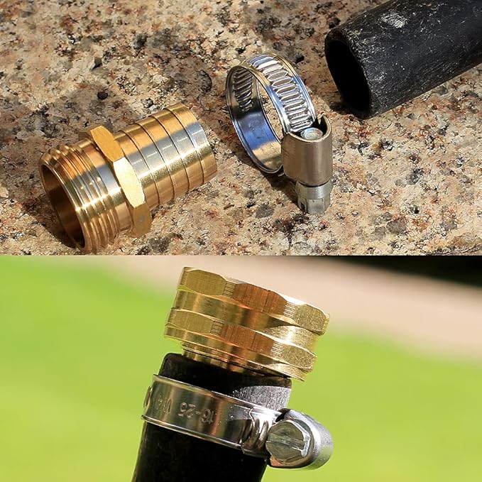 Solid Brass Garden Hose Repair kit Connector with Stainless Steel Clamps, Male Adapter/Female Garden Hose Swivel Fitting… (3/4" Barb x 3/4" Male -2 Sets)