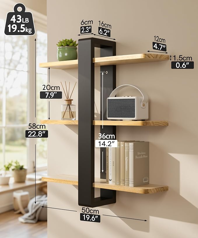 SUMGAR Wood Floating Shelves for Wall, 3 Tier Adjustable Plant Shelf Unit | 20 Inch All Pine Wood, Decorative Shleving, Plants Photos Display, for Living Room, Bedroom, Office, Bathroom
